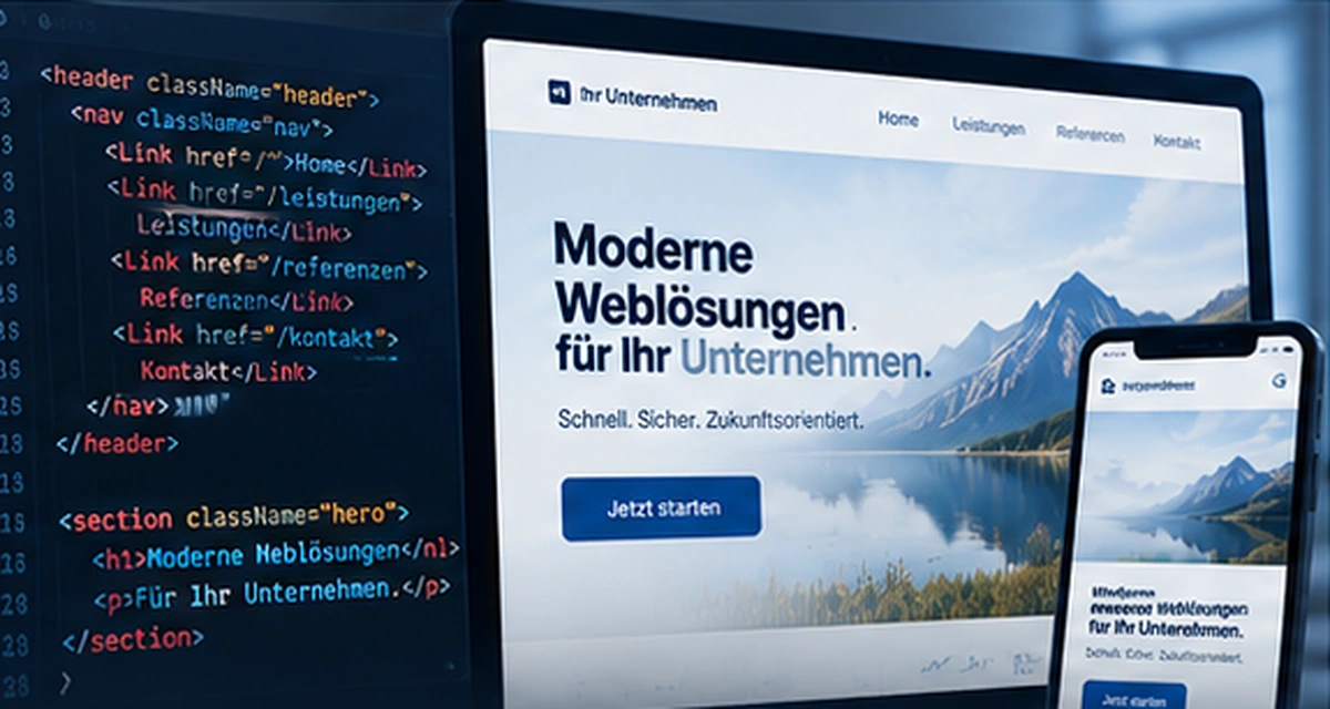 Moderne Unternehmenswebsite mit Code und mobiler Ansicht